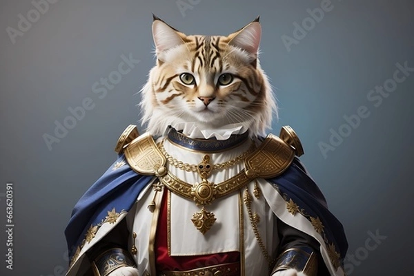 Fototapeta Create a withe cat as mediaval king , blank background, cute
