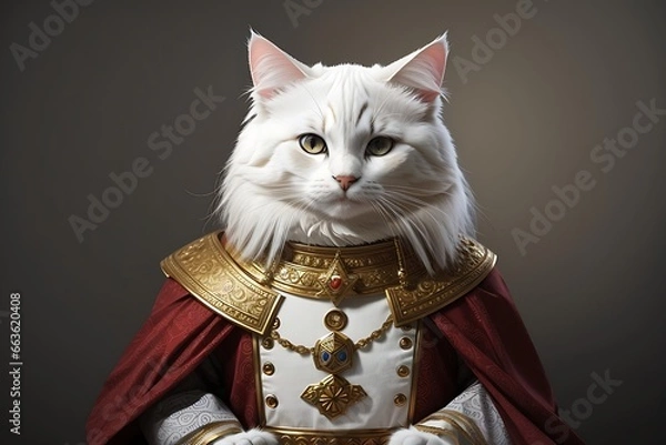 Fototapeta Create a withe cat as mediaval king , blank background, pet