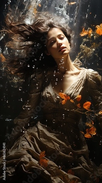 Fototapeta Hyperrealistic drawing of a beautiful mermaid in the shape of a woman underwater.