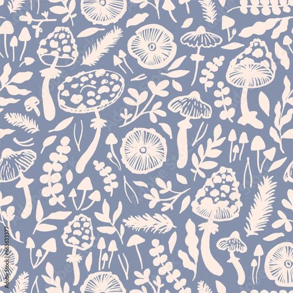 Fototapeta Hand drawn mushrooms seamless vector pattern. Mushroom caps, berries, fir branches, fir needles leaves for printing, fabric, textile, manufacturing, wallpapers.