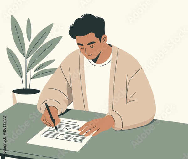 Fototapeta Man filling out a form, vector illustration