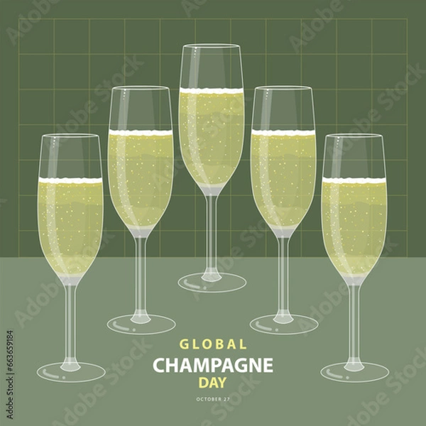 Fototapeta Global Champagne Day on october 27, With five glasses of sparkling wine as champagne vector illustration and text isolated on abstract background for commemorate and celebrate Global Champagne Day.