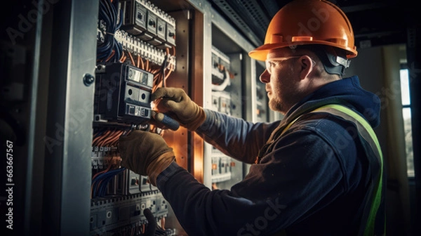 Fototapeta A male electrician works in a switchboard with an electrical connecting cable.