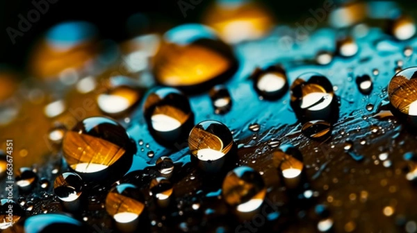 Fototapeta Abstract background with water drops on a glossy horizontal surface.