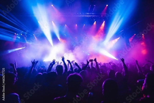 Obraz Rear view of  the crowd of people at a party at a concert stage at a music festival