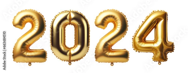 Fototapeta 2024 golden balloon font isolated on white transparent background, PNG. New year celebration