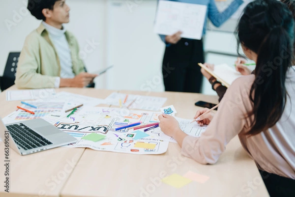 Obraz Team of Creative Web, Graphic Designer planning, drawing website ux ui app for mobile phone application and development template layout, process to developing prototype wireframe.