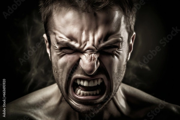Fototapeta Dark portrait of angry caucasian man, screaming in rage. Expressing anger of an adult in the throes of furious aggression. Negative emotions: man shouts in pain. Powerful scream.