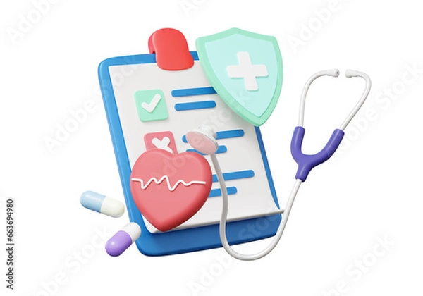 Obraz Stethoscope healthcare checkmark on isolated background. Clipboard paper health checkup heartbeat medical doctor concept. diagnosis protection insurance report information service. 3d rendering