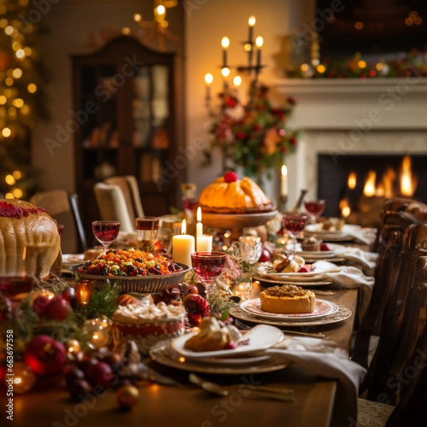 Fototapeta Thanksgiving and christmas table setting with decorations