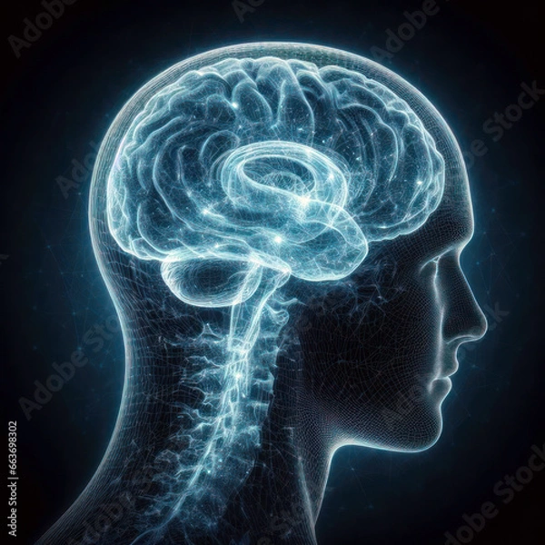 Obraz a x-ray scan of a human brain organ. anatomy of a male person. blue holographic abstract concept. desktop wallpaper background