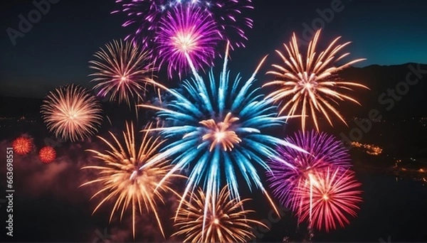 Fototapeta A vibrant fireworks display lights up the new years night sky, painting it with a kaleidoscope of colors and patterns