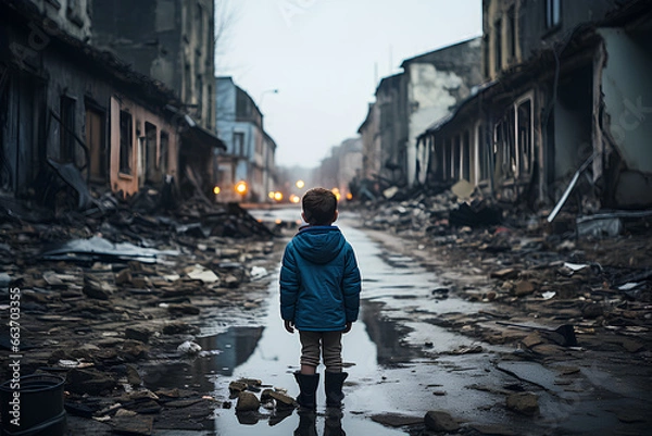 Fototapeta Stop war, a child standing alone, in the middle of a street destroyed by a military bombing