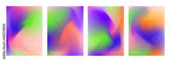 Fototapeta Abstract noise light blur gradient background. Color wallpaper grainy fluid effect. Holographic multicolor textured poster design. Bright granular dynamic grain. Purple green orange pink surface