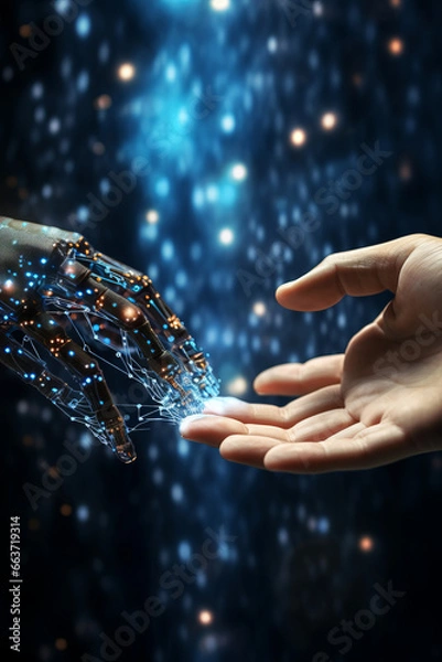 Obraz AI, Machine learning, Hands of robot and human touching on big data network connection background, Science and artificial intelligence technology, innovation and futuristic