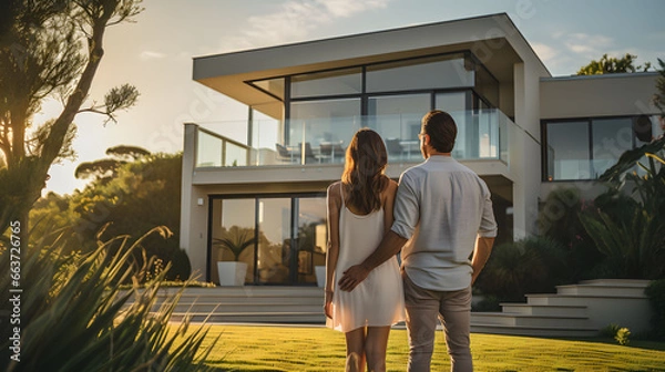 Obraz Couple in front of their new luxury home on a sunny day. Back view of young couple standing in front of their new modern luxury villa. Real estate business concept.