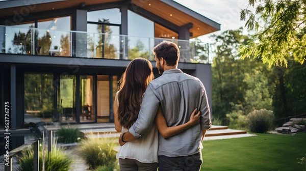 Fototapeta Couple in love hugging in front of their new modern house. Real estate new home concept.