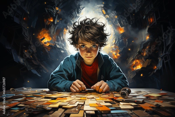 Fototapeta Inner world and mind of a young boy with Attention Deficit Hyperactivity Disorder (ADHD)