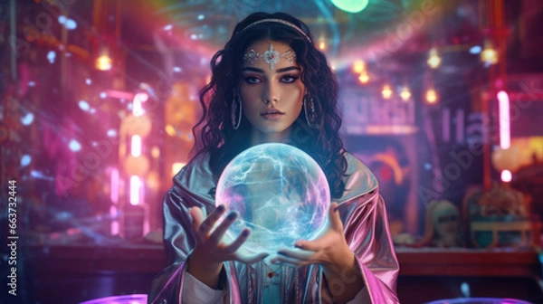 Fototapeta A holographic fortune teller in a neon bazaar