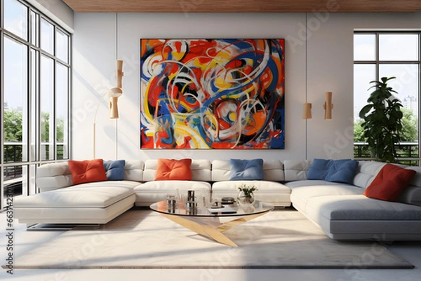Obraz A contemporary living room with a statement-making artwork