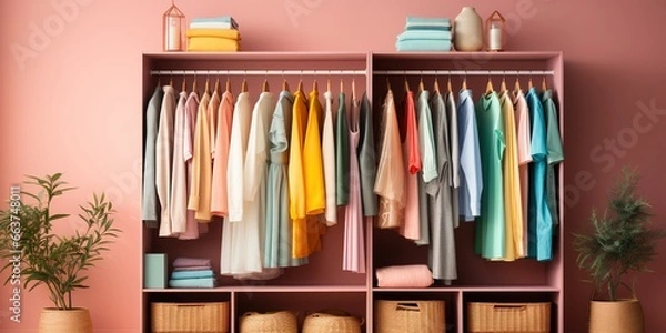 Fototapeta Clothes of different colors on a hanger, open closet with colorful things in pastel colors, home wardrobe.