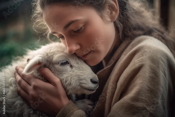 Fototapeta A person cuddling with a rescued farm animal ship lamb, compassion and ethical values of veganism. The photo promotes the welfare and protection of animals. Generative AI.