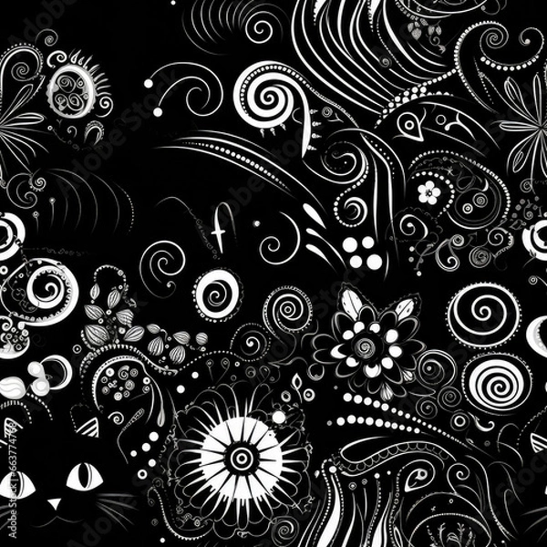 Fototapeta Cat zentangle doodle black and white monochrome repeat pattern