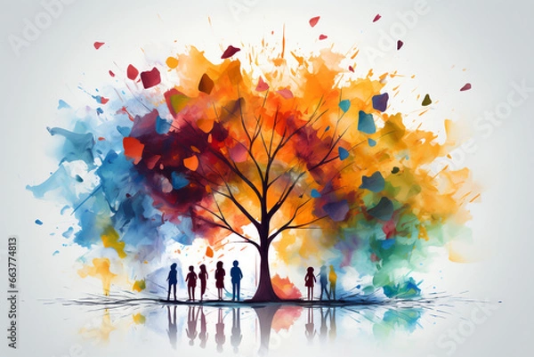 Fototapeta Silhouettes under tree with colorful splashes with abstract background, showing group of friends understanding and care towards a person with autism.