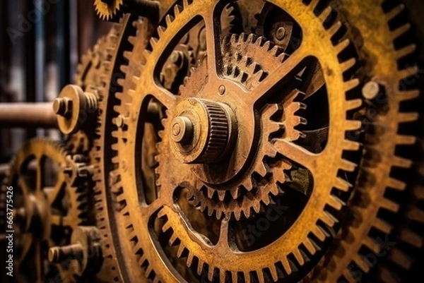 Fototapeta rust-free gears pictured inside an aged clock