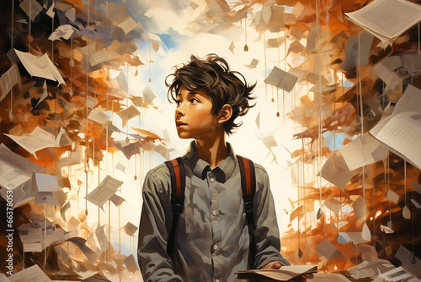 Fototapeta Challenges of learning with Attention Deficit Hyperactivity Disorder (ADHD), showing a student trying to concentrate in a classroom, with their thoughts represented as floating, fragmented elements