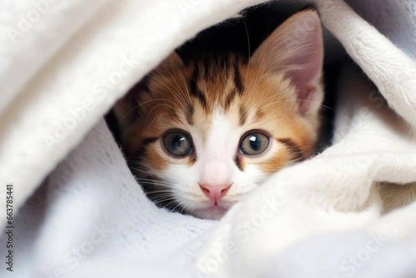 Fototapeta a kitten timidly hiding under a blanket