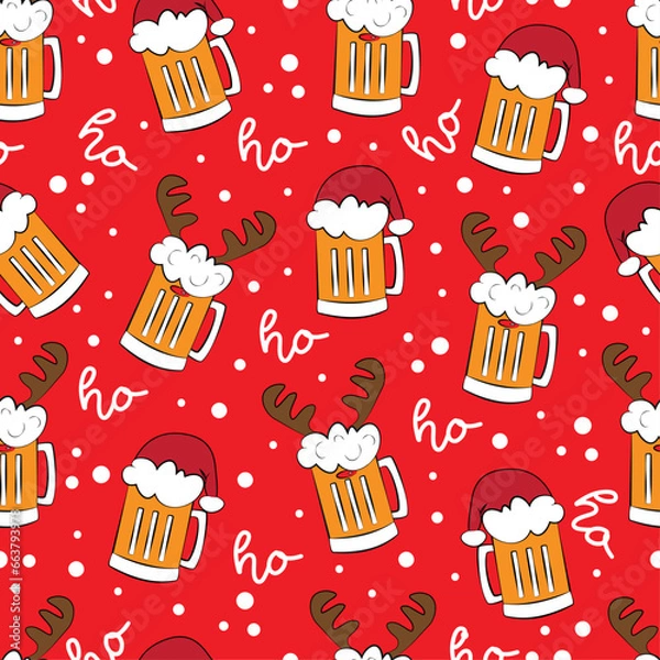 Fototapeta Funny beer mugs in Santa hat and deer antler,and ho ho ho text on red background. Seamless pattern for Christmas.
Good for textile print, wrapping paper, and other decoration.