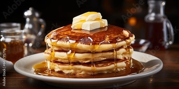 Fototapeta A stack of pancakes with butter and syrup.