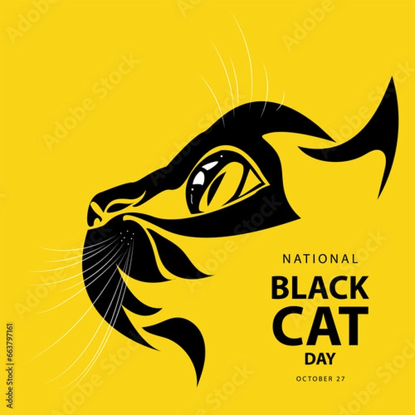 Fototapeta National Black Cat Day on october 27, With concept a black cat head vector illustration and text isolated on yellow background for commemorate and celebrate National Black Cat Day.