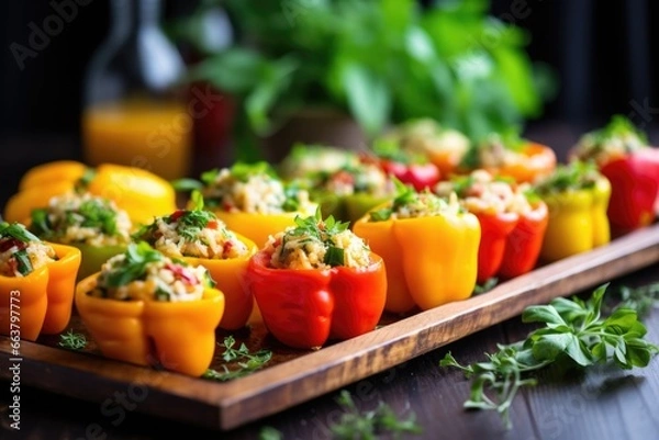 Fototapeta stuffed bell peppers decorated with fresh herbs on a tray