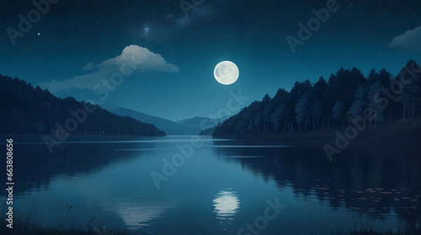 Fototapeta A Beautiful night by the lake with moon and stars on sky - Generative AI