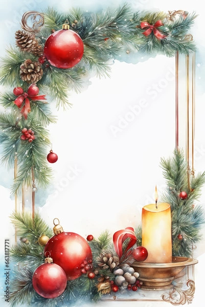 Fototapeta Watercolor Christmas frame with poinsettia, holly and berries. 