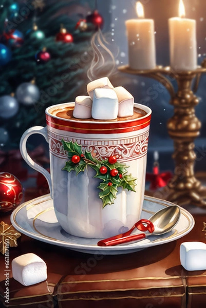 Fototapeta Cup of hot chocolate with marshmallows. Christmas and New Year background