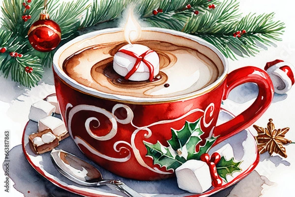 Obraz Cup of hot chocolate with marshmallows. Christmas and New Year background