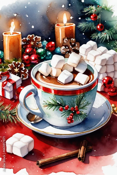 Fototapeta Cup of hot chocolate with marshmallows. Christmas and New Year background
