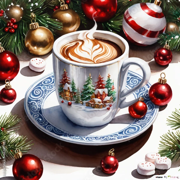 Fototapeta Cup of hot chocolate with marshmallows. Christmas and New Year background