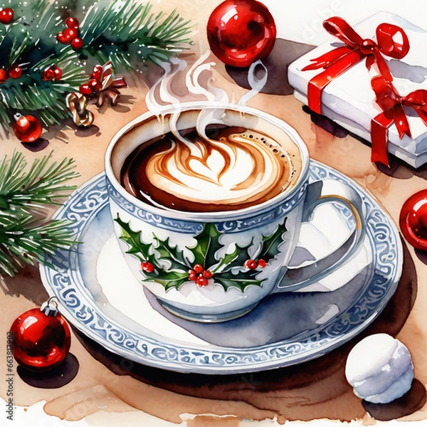 Fototapeta Cup of hot chocolate with marshmallows. Christmas and New Year background