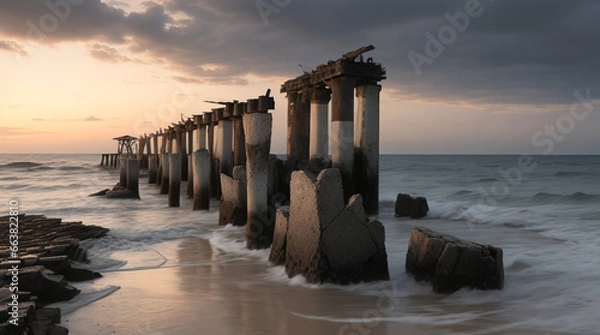 Fototapeta Jagged broken pier piling eroded by sea and bleached gray by the sun - Generative AI
