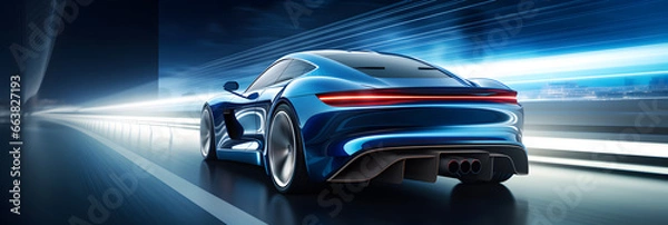 Fototapeta Rear view of blue sports car high speed in turn Blue