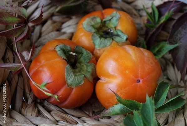 Fototapeta bright background. basket with ripe orange persimmons. beautiful background texture. juicy fruits. vitamins
