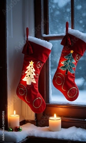 Fototapeta A Pair Of Christmas Stockings Hanging From A Window