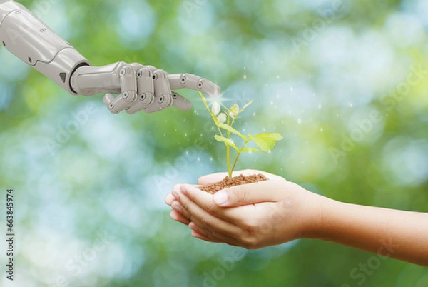 Fototapeta Earth Day, Hands holding trees growing with a robotic hand touching the tree collaboration between humans and technology to protect the environment