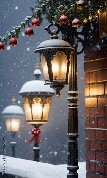 Fototapeta A Street Light With A Christmas Tree In The Background