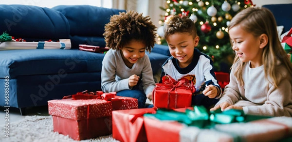 Fototapeta Three diverse kids gleefully unwrap Christmas presents in a cozy living room, with a beautifully decorated tree in the backdrop, capturing the magic of the holiday spirit.