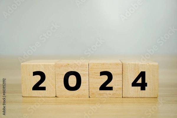 Fototapeta 2024 on wooden table.Preparation for new year ,life, business, plan, Generation, New Opportunity business target and strategy concept.
